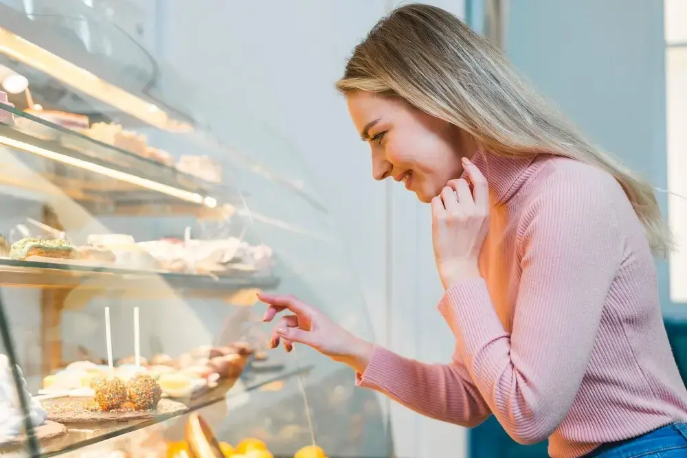 Woman Looking Display Cabinet Display Cake Woman Looking Display Cabinet Display Cake